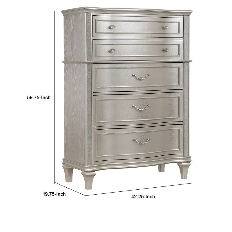 Inz 60 Inch 6 Drawer Tall Dresser Chest, Elegant Trim, Classic Silver