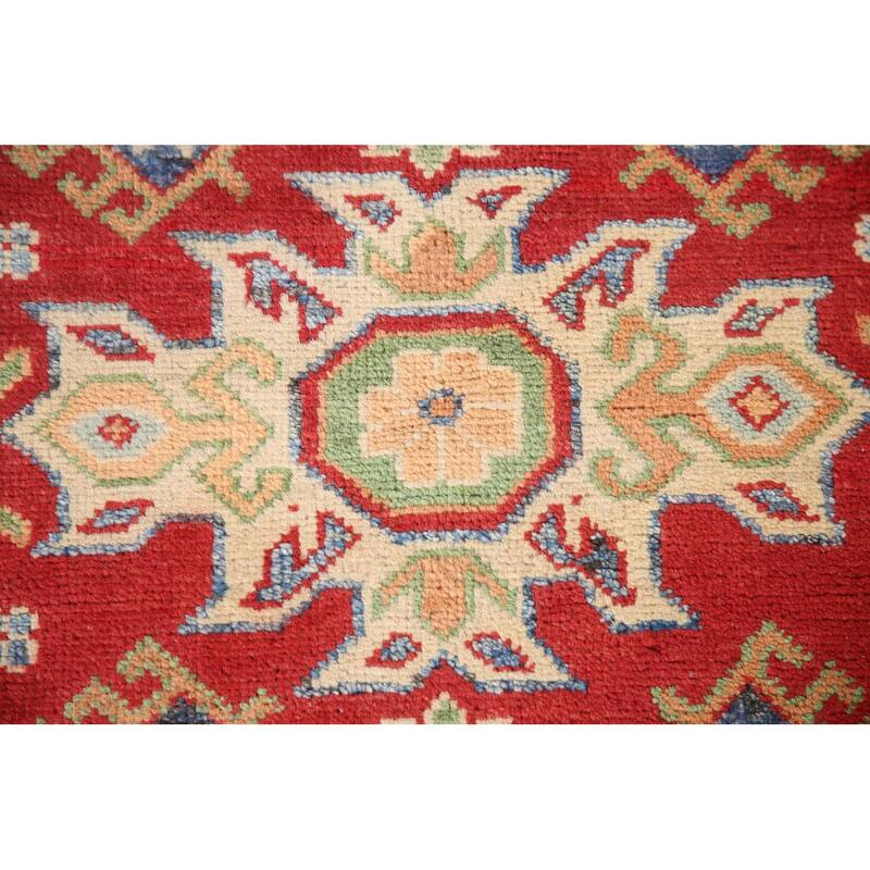 Kazak Accent Rug Hand-Knotted Red Geometric Wool Carpet - 2'9" x 4'1"