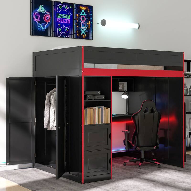 Roomfitters Twin/Full Gaming Loft Bed with Desk, Storage Locker and LED Lights, Black