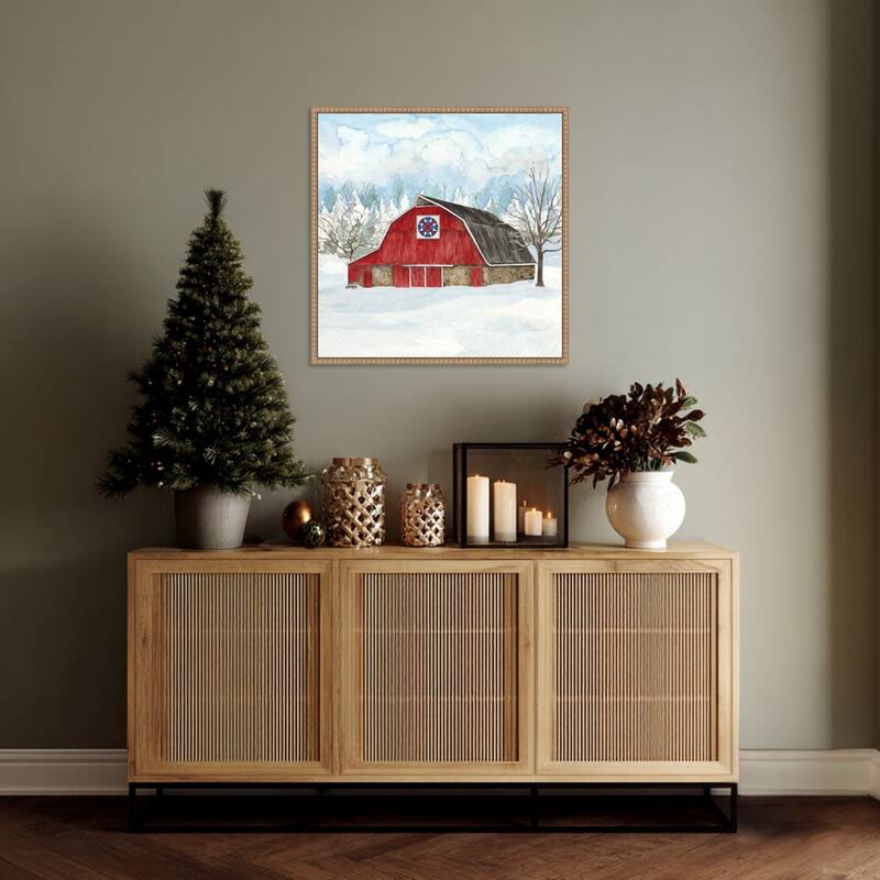 Winter Barn Quilt IV by Tara Reed (22 x 22 in.), Framed Canvas Wall Art Print - Sylvie Beaded Rustic Natural