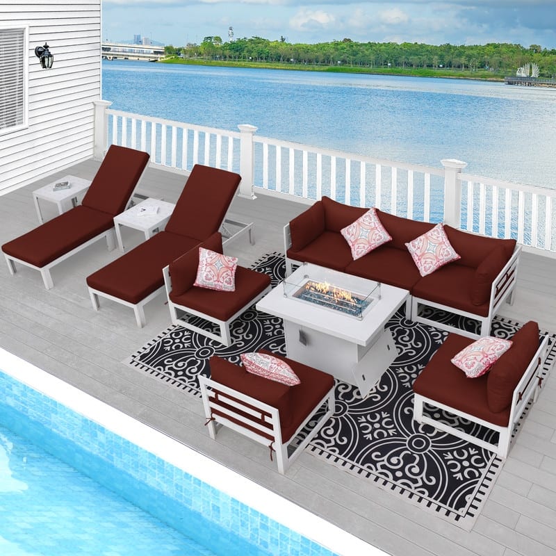 FINCATI 11-piece Oversized Patio Aluminum Sectional Deep Seating Conversation Sofa Set with Lounge Chaises - Burgundy
