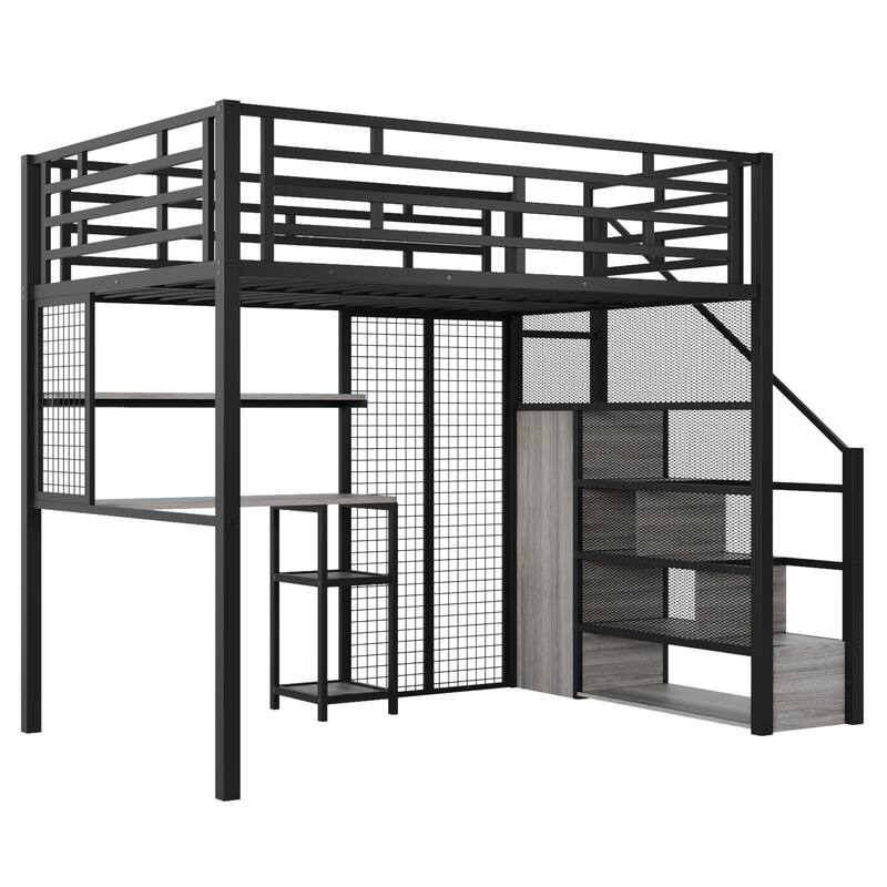 Roomfitters Full Size Metal Loft Bed with Wardrobe, Desk and Open Storage Shelf Unit, Black