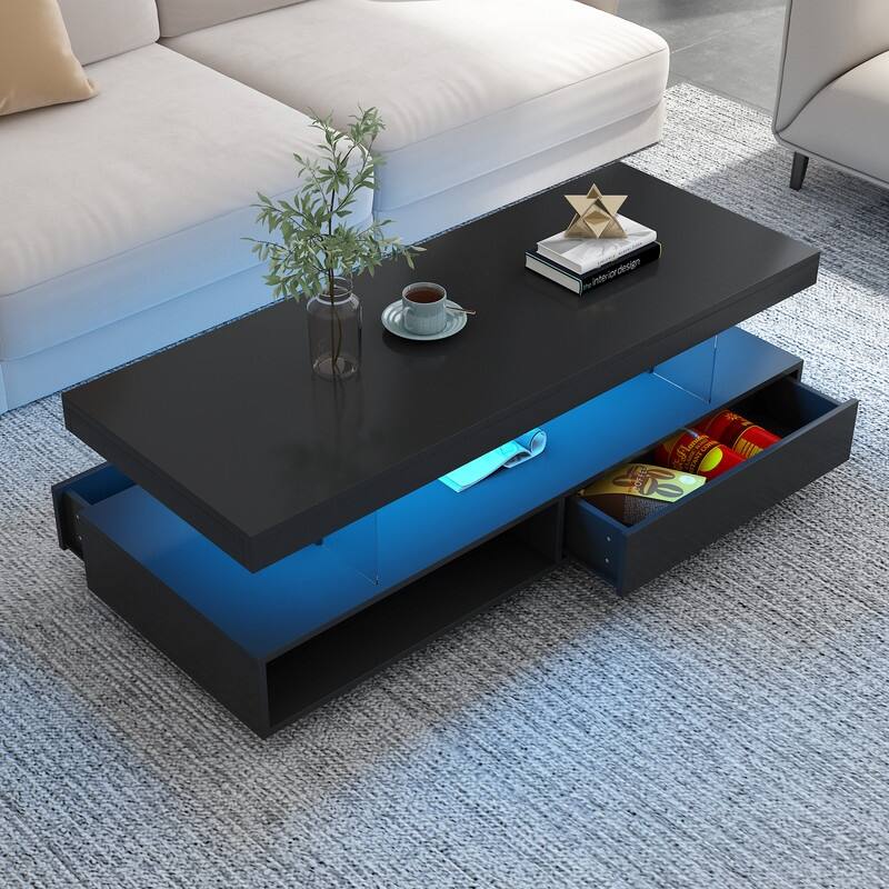 LED Coffee Table with Storage, Modern Center Table with 2 Drawers and Display Shelves, Accent Furniture with LED Lights
