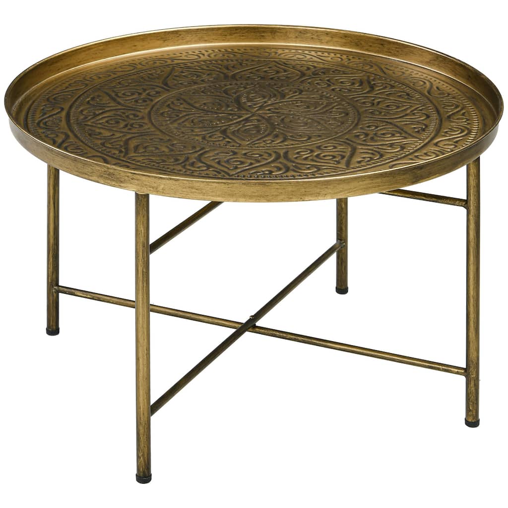 24" Round Coffee Table with Hammered Tray Top, Vintage Metal Center Table for Living Room, Bedroom, Side Table, Gold