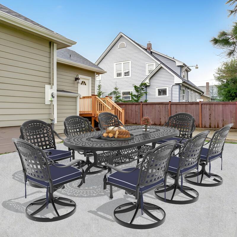 9-Piece Aluminum Oval Outdoor Patio Dining Set, 8 Cushioned Swivel Chairs, Table, All-Weather Frames