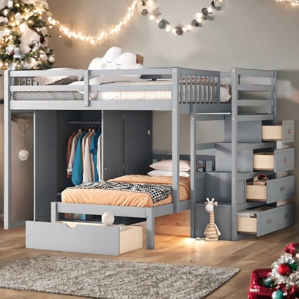 slide 2 of 15, Space-Saving Design Full over Twin Bunk Bed with Wardrobe, Convenient Footboard Drawer Gray