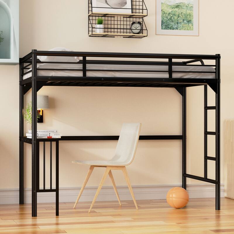 Space-Saving Twin Loft Bed with Desk & Guardrail - Metal Frame for Kids or Teens