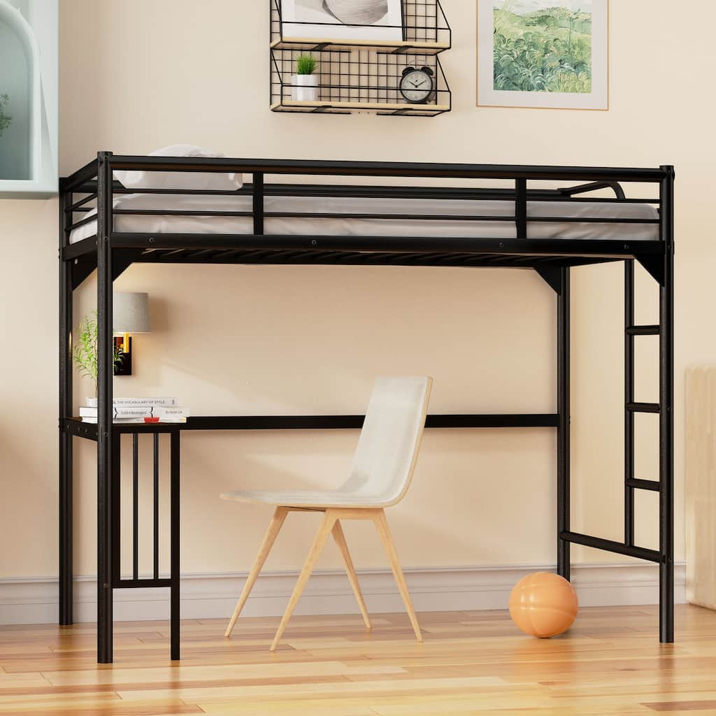 Twin Metal Loft Bed with Desk, Ladder & Guardrails, Twin Size Kids Bed
