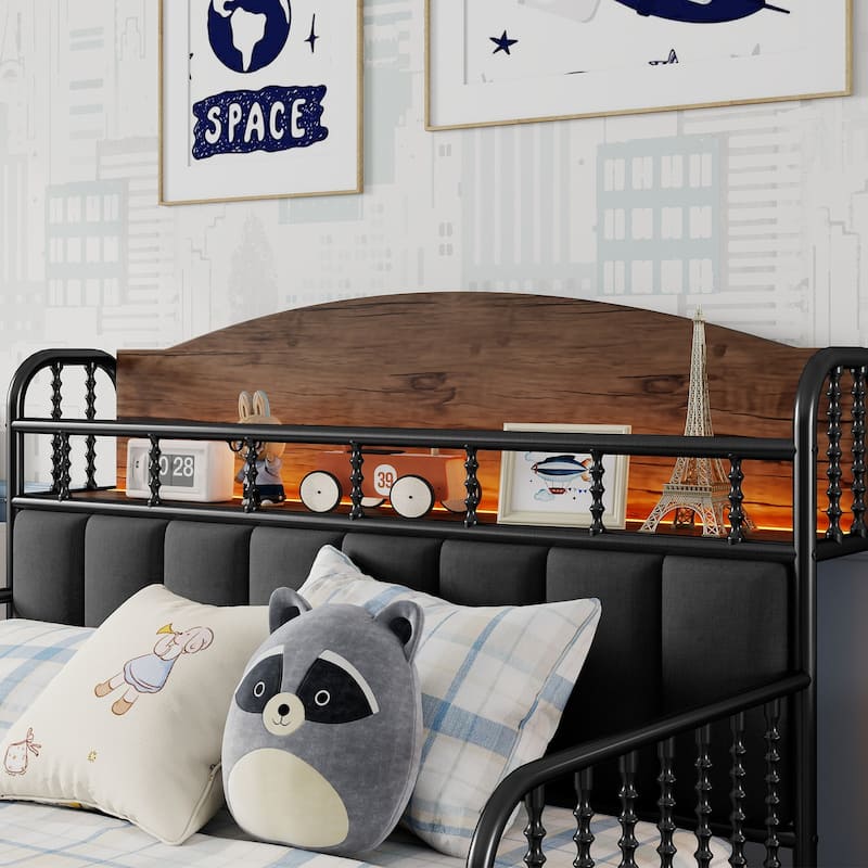 Kids Platform Bed Metal Frame with Linen Fabric Upholstered Storage Headboard Built-in Light Strip, Both Sides Rails