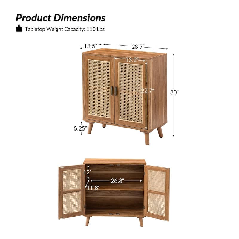 Woodland Multifunctional Rattan-Accented 2-Door Storage Stackable Buffet Cabinet with Solid and Wood Frame by HULALA HOME