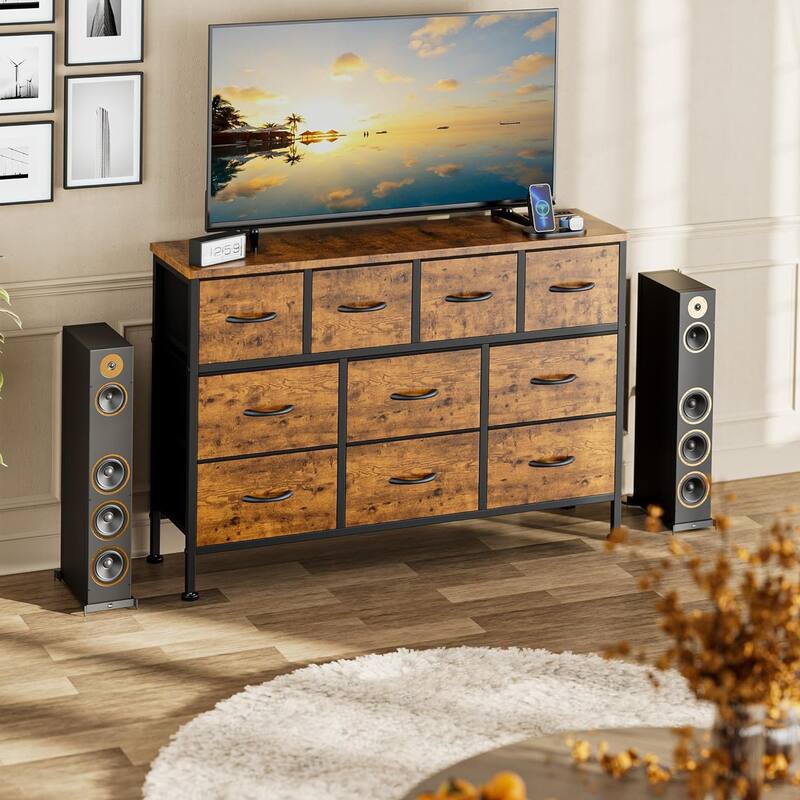 10 Drawer Dresser Fabric 43.3" TV Stand Power Outlet Chest of Drawers
