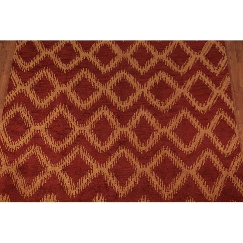 Hand Knotted Oriental 100% Wool Carpet Modern Geometric Red Moroccan Area Rug - 9' 7'' X 7' 11''