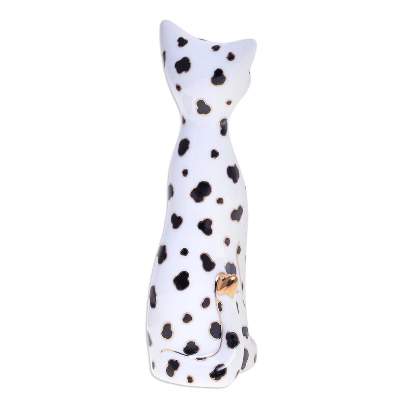 Novica Handmade Dalmatian Cat Porcelain Statuette