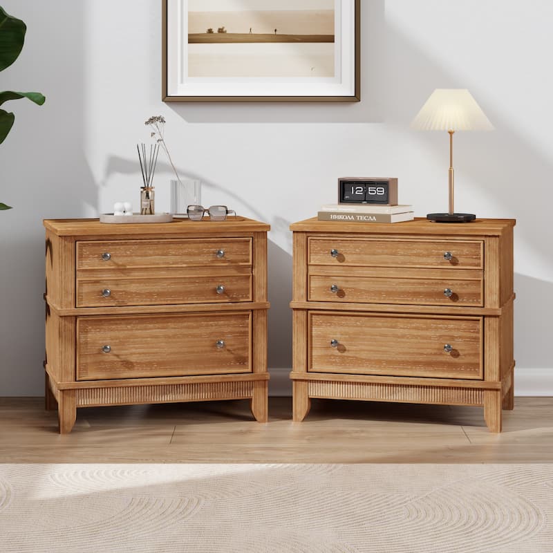 Wood Nightstand, Side Table, Wood Bedside Table with Drawers, End Table with Metal Handle for Bedroom, Living Room - Natural - 2 Nightstand