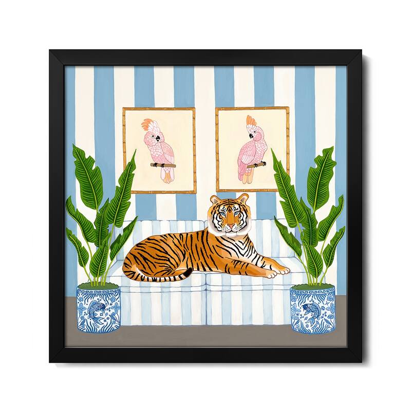 Chinoiserie Tiger With Ginger Jars And Pink Cockatoos Premium Framed Poster by Green Orchid Boutique - Black - 24x24x1