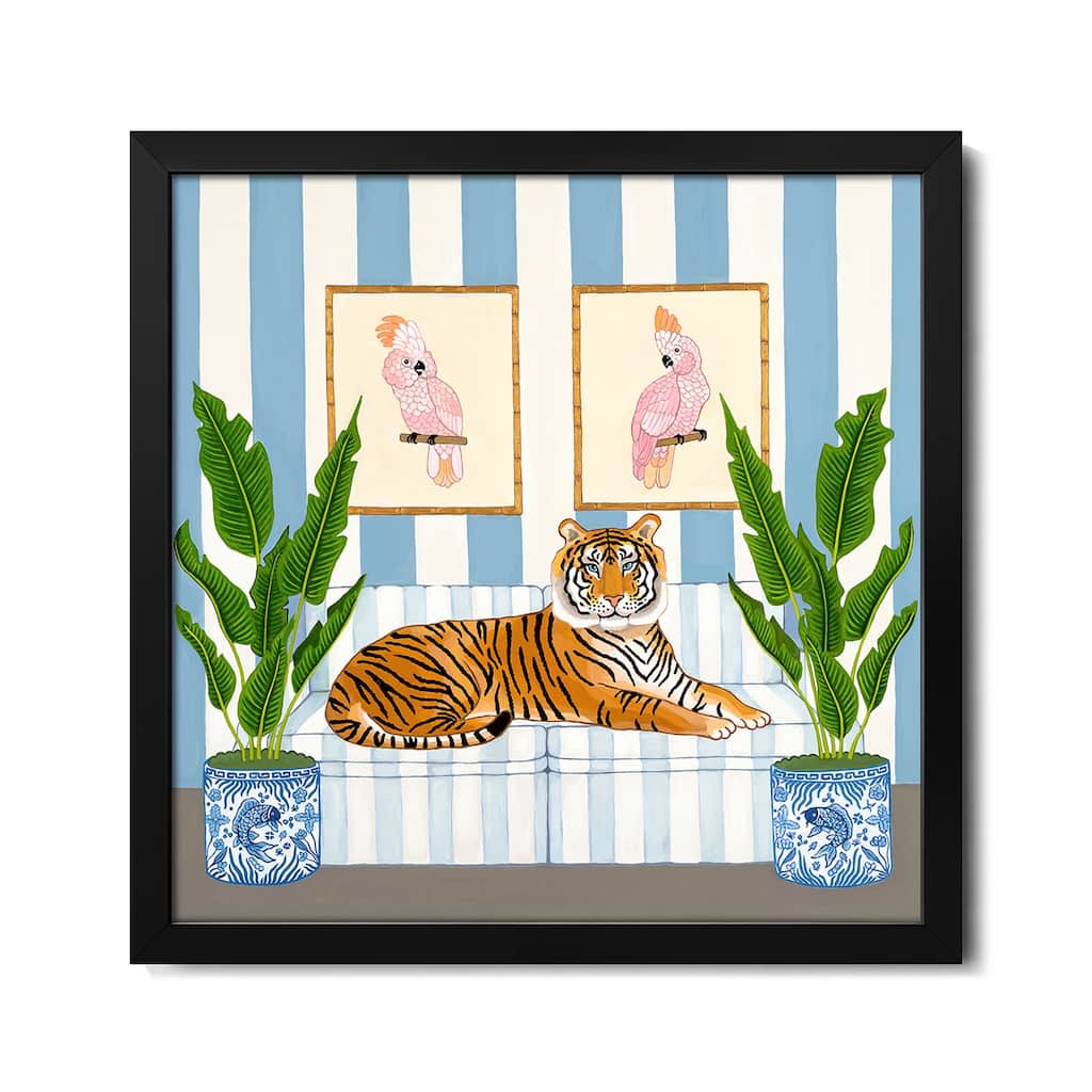 Chinoiserie Tiger With Ginger Jars And Pink Cockatoos Premium Framed Poster by Green Orchid Boutique