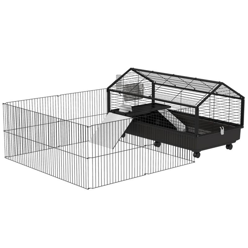 Black Small Playpen Cage with Front Door and Ramp Ideal for Bunnies and Hedgehogs - 47.25" L x 67" W x 24.5" H