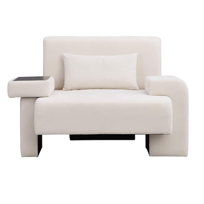 Modern Armchair Lounge Chair Sofa Chair with Built-In Storage, Wooden Table Armrest, Extra-Wide Seat