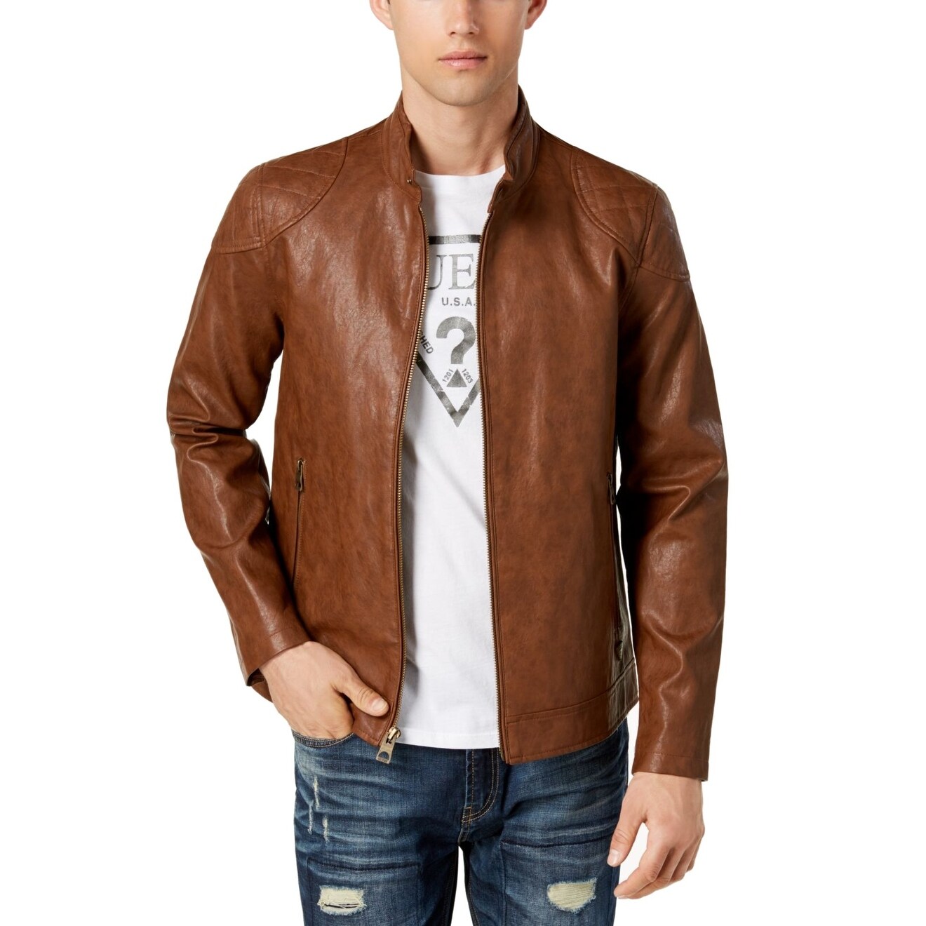 guess brown leather jacket mens