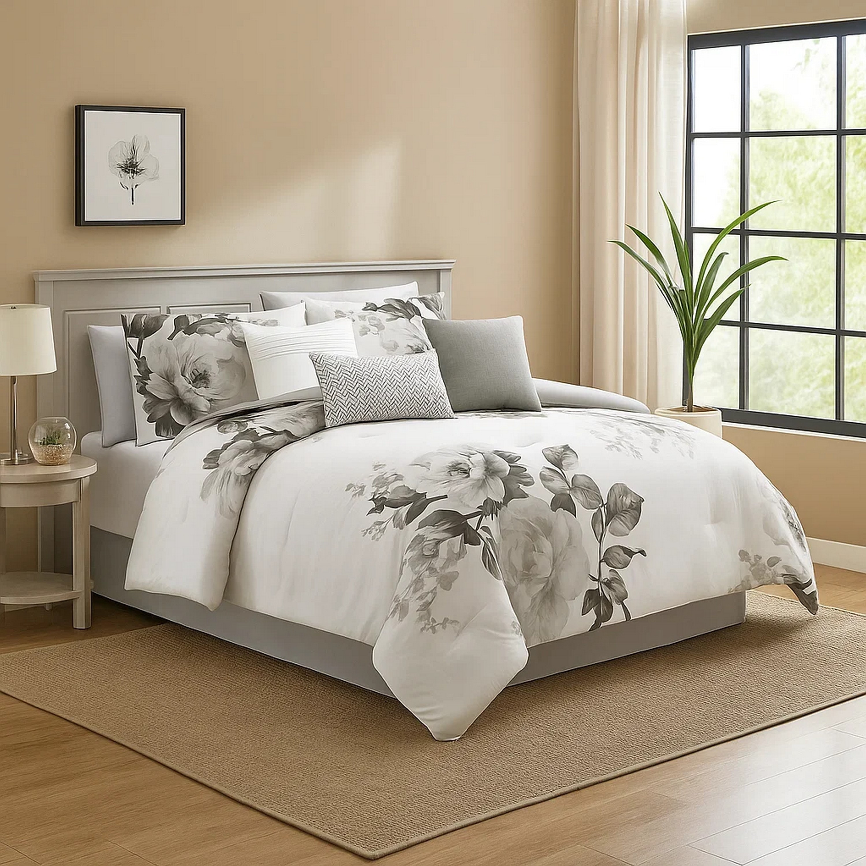 7 Piece Cotton Queen Comforter Set with Floral Print, Gray and White