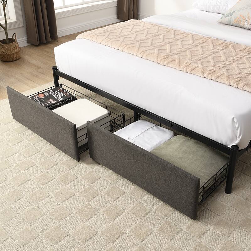 Modern Platform Bed with Storage Headboard and Charging Station for Bedroom