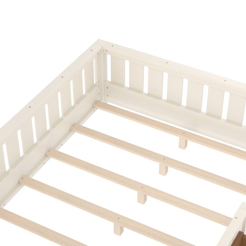 Montessori Floor Bed Low Profile Kids Bed with Rails & Bookshelf