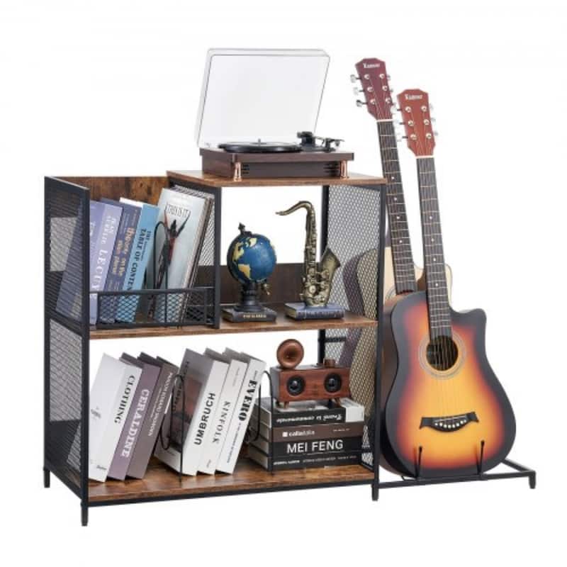 3-Tier Turntable Record Player Stand with Guitar Holder and Extra Large Storage Space - 44.61" x 14.17" x 30.12" - Black-Vintage-Brown
