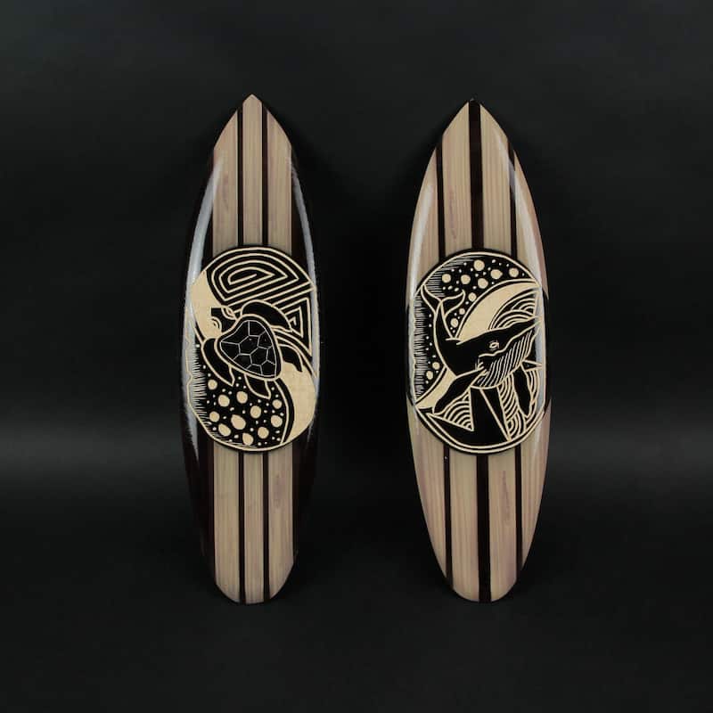 Zeckos 20 Inch Wood Surfboard Whale & Turtle Wall Hangings (Set Of 2)