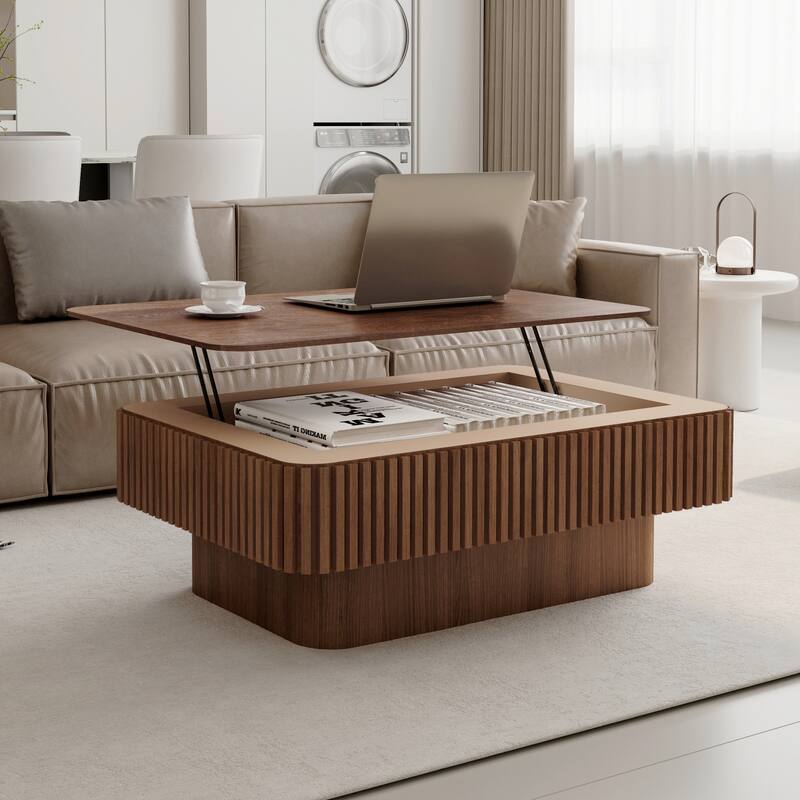 Fluted 38.6" Lift-top Coffee Table, Solid Wood Modern Accent Table with Storage and Adjustable Height - Walnut