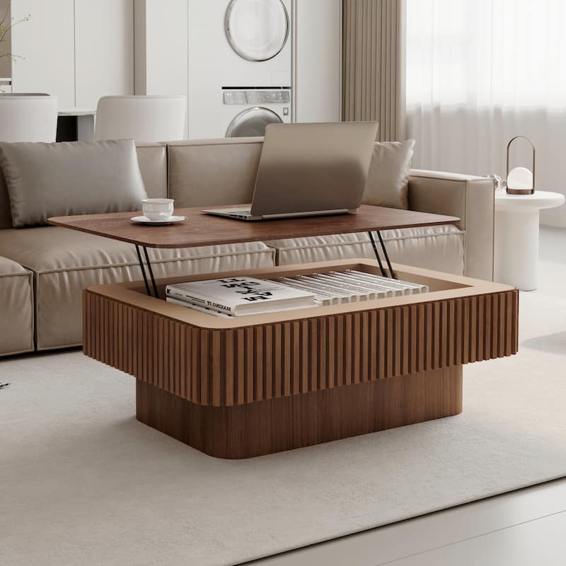 Modern Solid Wood Veneered Round/Oval/Rectangular Coffee Tea Table with Storage - Walnut-38.6" L