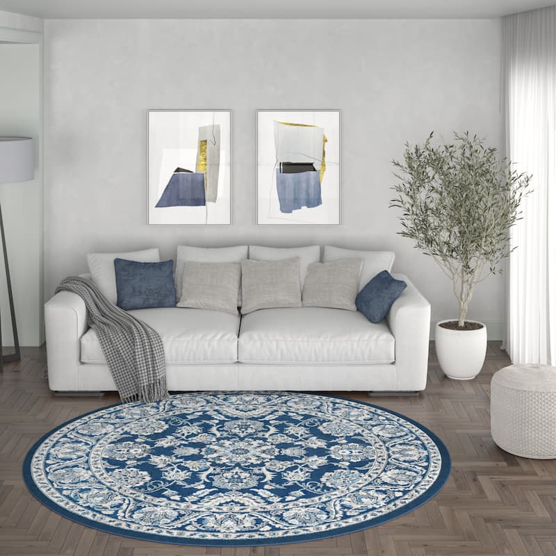 Carrington Traditional Border Indoor Area Rug - 7'10'' Round - Dark Blue