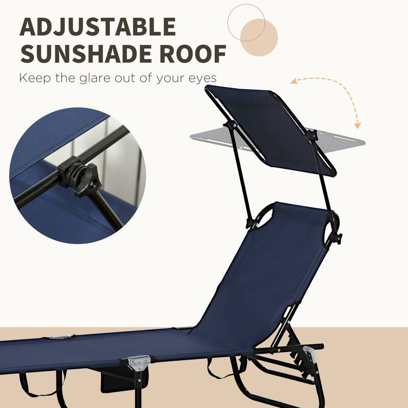 Outdoor Folding Recliner with Side Pocket and Awning