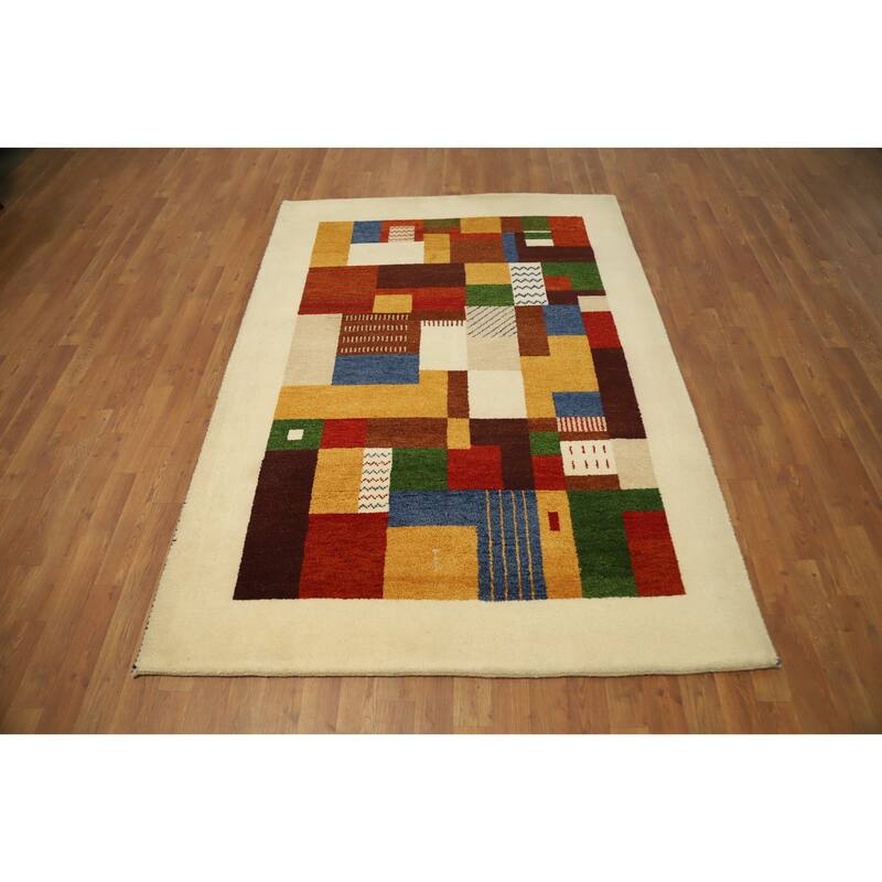 Hand Knotted Oriental 100% Wool Carpet Modern Geometric Multi-Colored Gabbeh Area Rug - 6' 7'' X 4' 9''