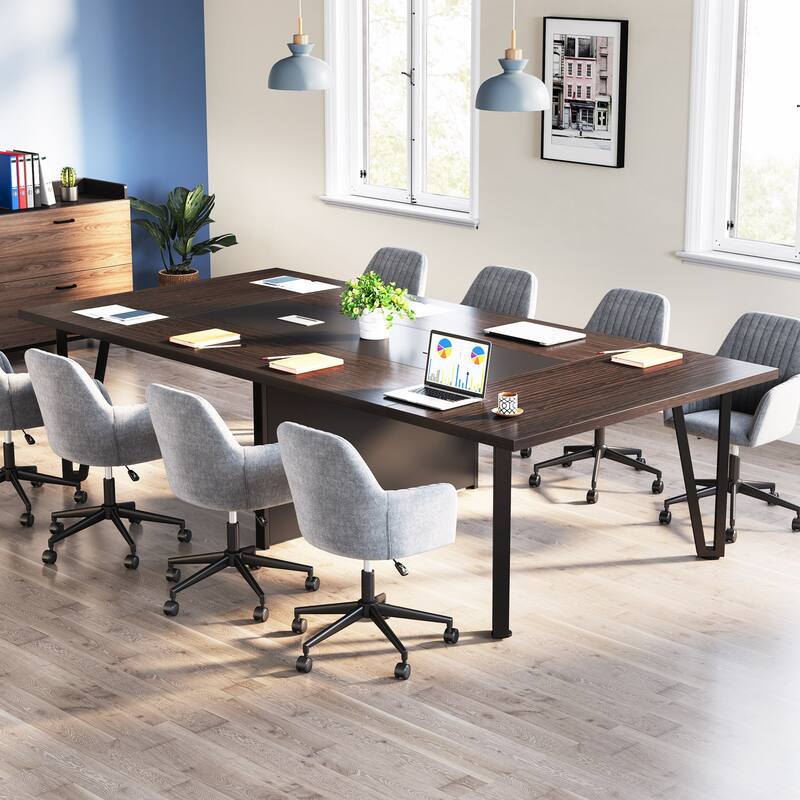8FT Conference Table, 94.48" L x 47.24" W x 29.52" H Conference Room Meeting Seminar Table with Grommet Power Hub - N/A - Walnut Brown+Black