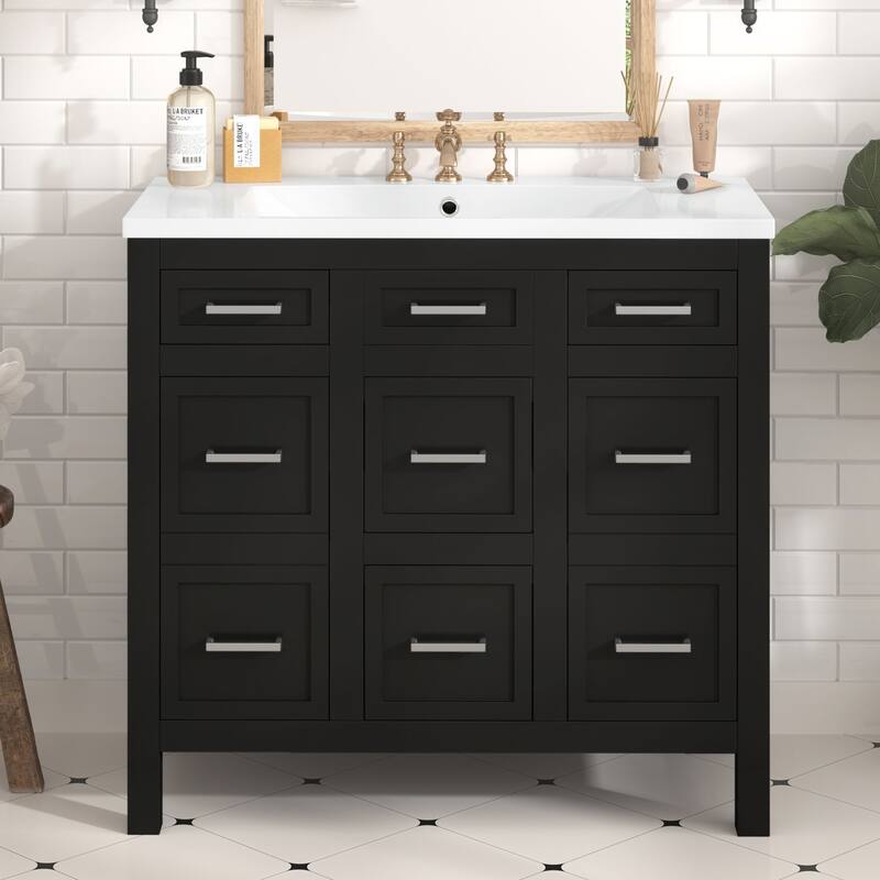 Modern 36-Inch Free-Standing Vanity with Stain-Resistant Resin Sink & Ample Storage
