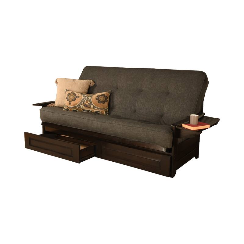 Somette Phoenix Queen-size Storage Futon Set in Espresso Finish with Linen Mattress - Linen Charcoal