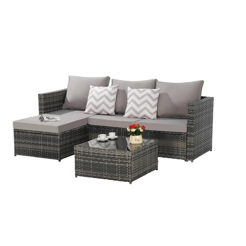 2-Pieces Outdoor Patio L-Shaped Sectional Sofa Set with Glass Coffee Table