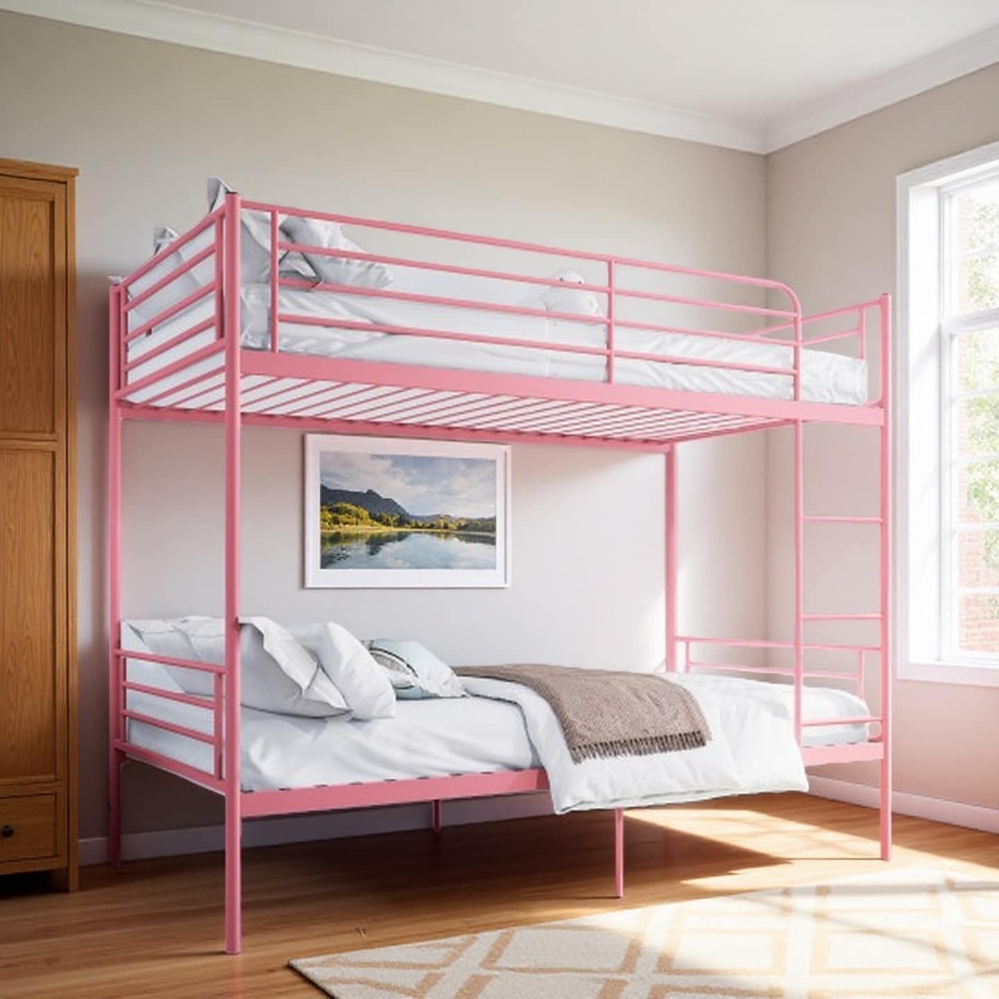 Twin Size Metal Bunk Bed Frame with Convertible Design, Secure Upper Guard Fence, Built-In Ladder and Underbed Storage