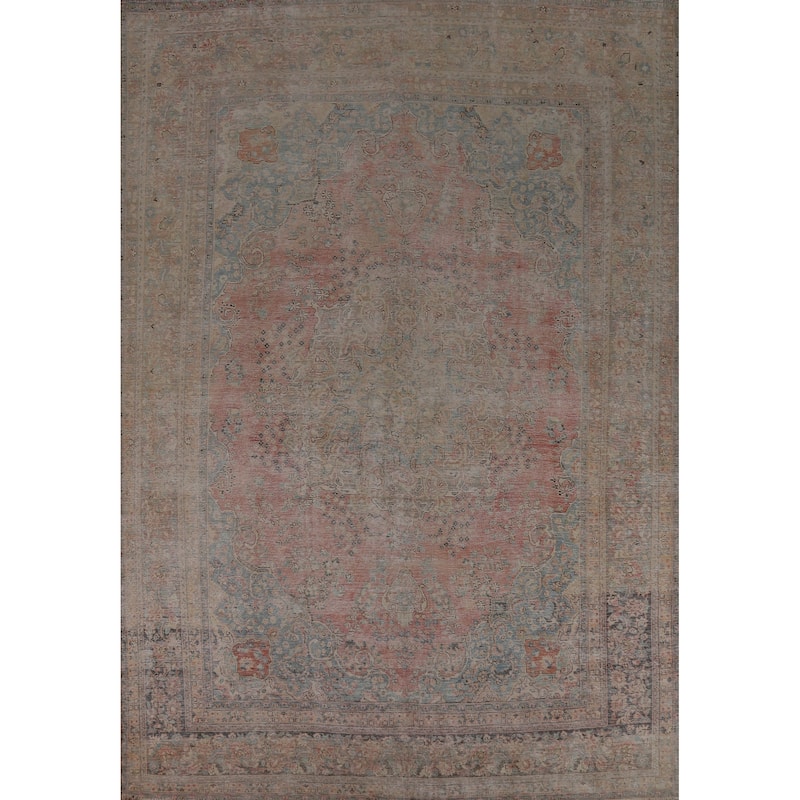 Pink Mashad Persian Vintage Area Rug Handmade Wool Carpet - 9'3" x 12'8"
