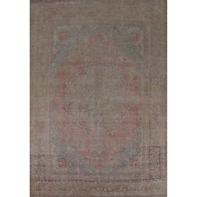 Pink Mashad Persian Vintage Area Rug Handmade Wool Carpet - 9'3" x 12'8"
