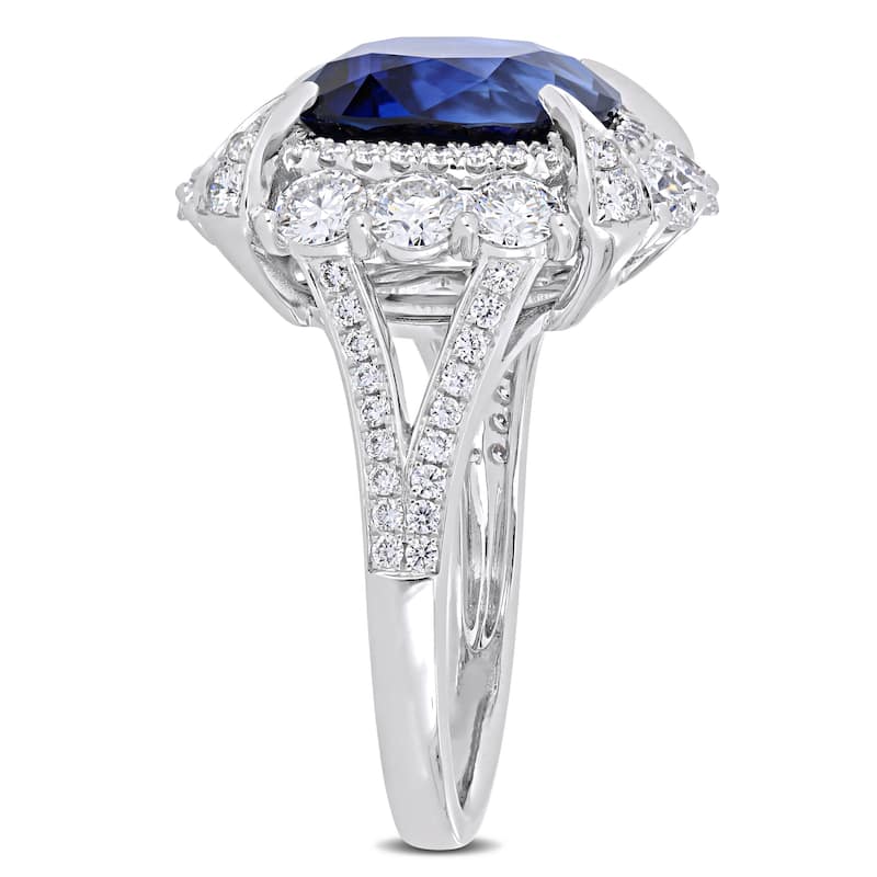Miadora 7 1/10ct TGW Cushion-Cut Sapphire & 1 3/4ct TDW Diamond Halo Cocktail Ring in 14k White Gold