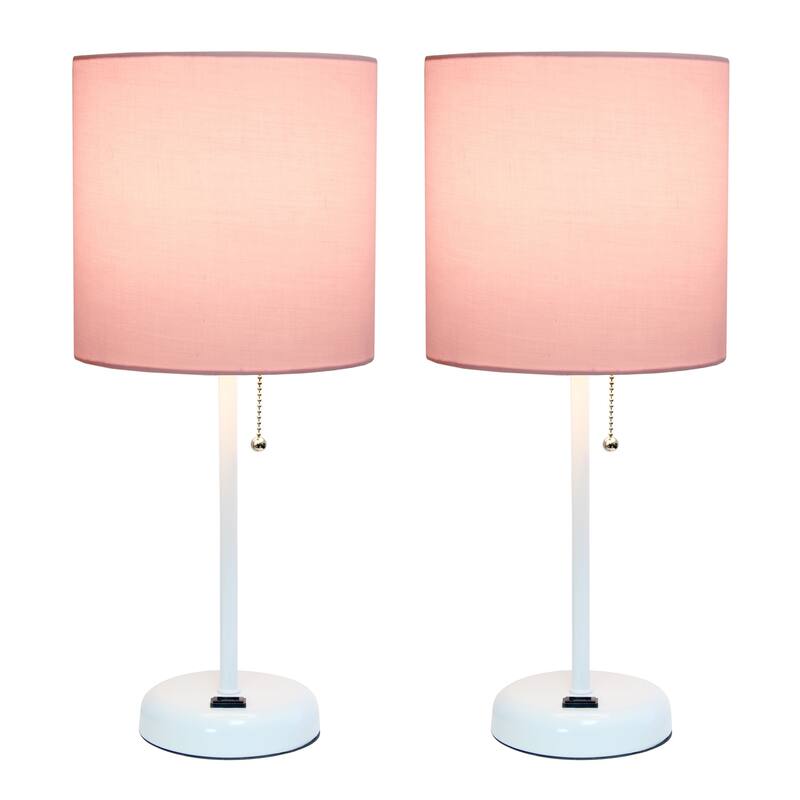 19.5 in. White Finish Table Lamp with Pink Shade, Durable Stick Lamp for End/Side Tables, Set of 2
