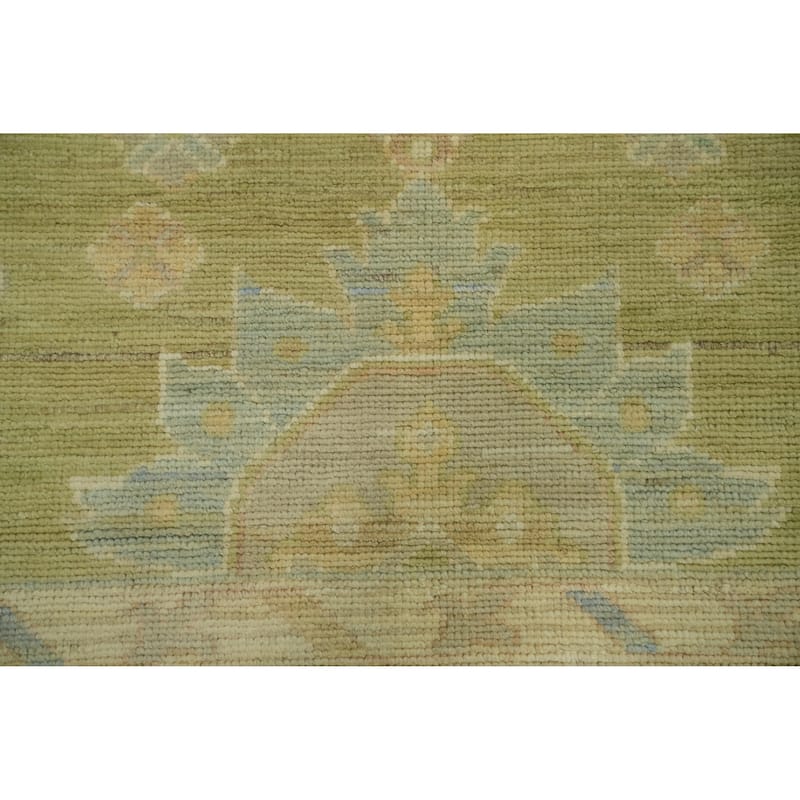 Vegetable Dye Green Oushak Turkish Area Rug, Floral Geometric Carpet - 11' 11'' X 9' 3''