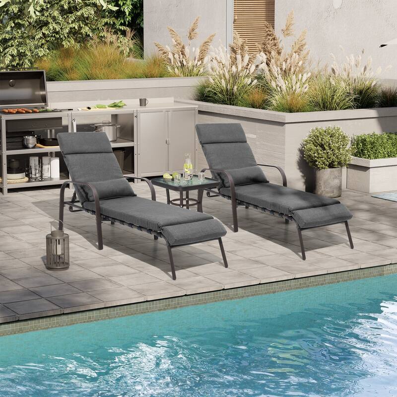 Outdoor Cushioned Chaise Lounge Chairs Adjustable Reclining Sun Lounger with Side Table