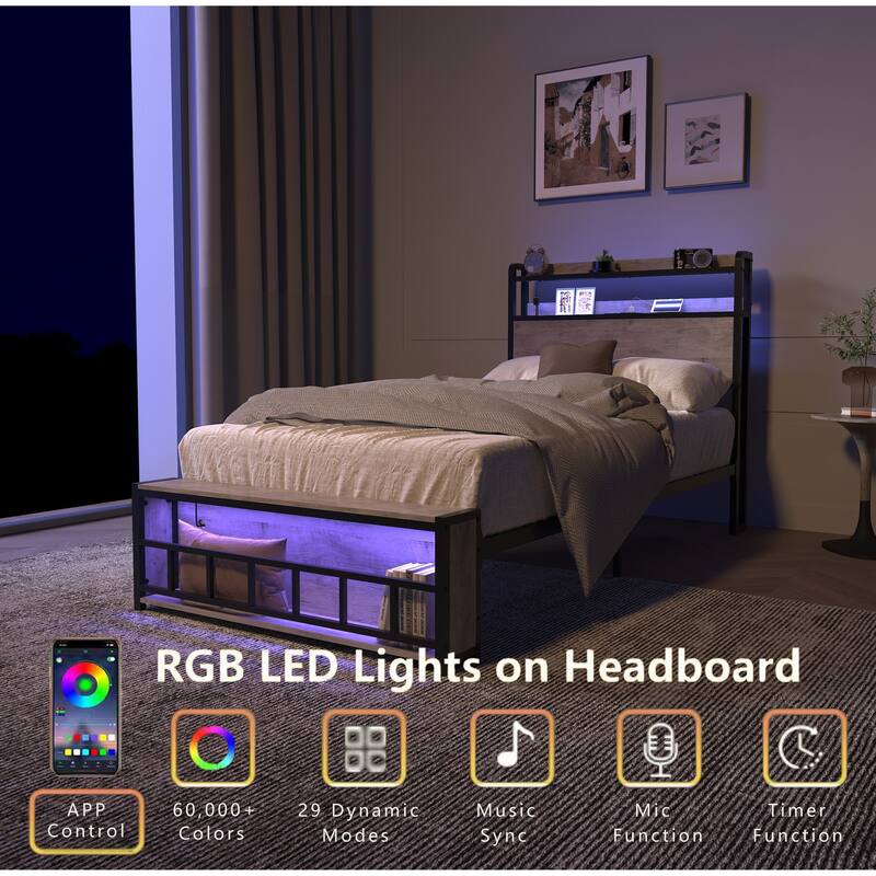 Twin Bed Frames, Headboard and Charging Station & LED Light for Bedroom, Solid and Stable, Noise Free, No Box Spring Needed