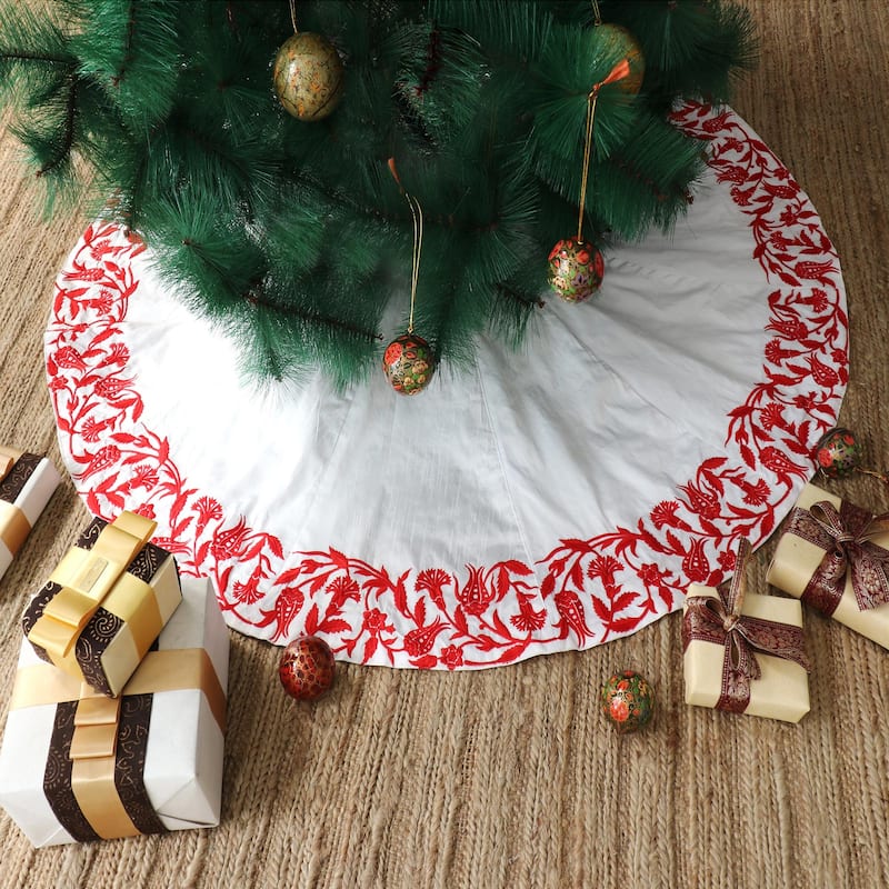 Novica Handmade Festive Leaves Embroidered Tree Skirt