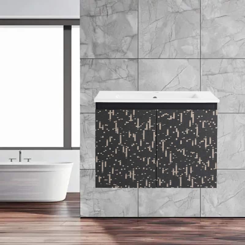 24 Inch Wall-Mounted Vanity with Ceramic Sink, Soft-Close Hinges & Triple Doors for Bathrooms - Babysbreath
