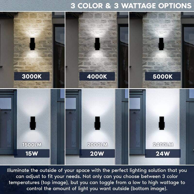 Luxrite Dusk to Dawn LED Outdoor Wall Light, 10", Up or Up and Down Light, 3CCT 3000K-5000K, 15/20/24W, IP65, ETL 2-Pack