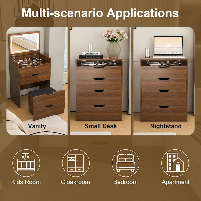 3-in-1 Vanity Desk with Flip Top LED Lighted Mirror, Compact Dressing Table and Makeup Stool Set