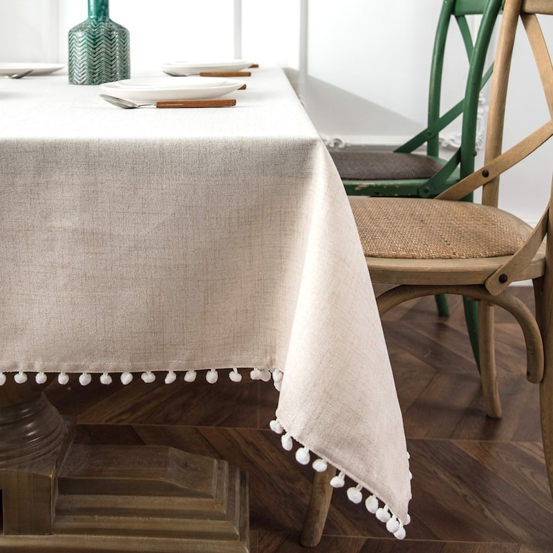 DriftAway Pom Pom Tassel Rectangle Linen Textured Decorative Table Cloth